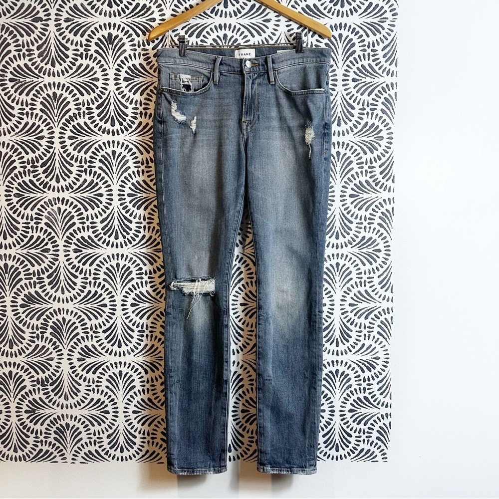 FRAME L` Homme Skinny Mid Rise Asher Distressed Jeans FLAW